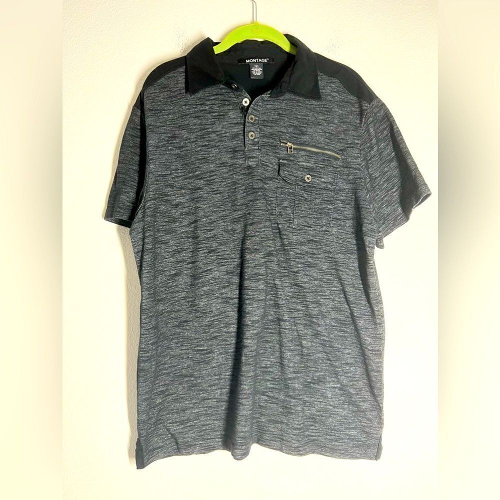 Montage Men's Short Sleeve Polo Shirt Large Collared Striped Charcoal Gray L